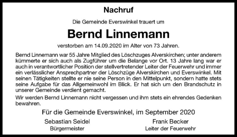  Traueranzeige für Bernd Linnemann vom 17.09.2020 aus Westfälische Nachrichten