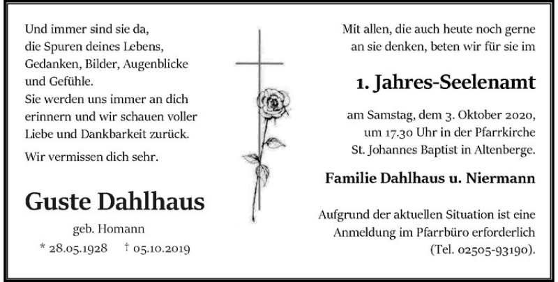  Traueranzeige für Guste Dahlhaus vom 26.09.2020 aus Westfälische Nachrichten