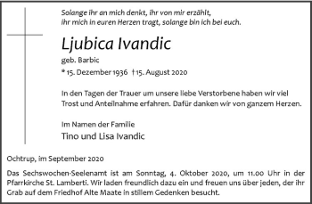 Anzeige von Ljubica Ivandic von Westfälische Nachrichten