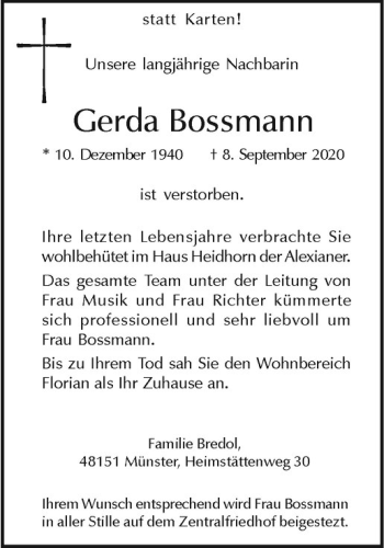 Anzeige von Gerda Bossmann von Westfälische Nachrichten