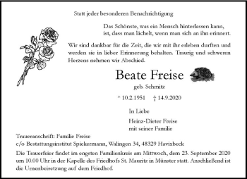 Anzeige von Beate Freise von Westfälische Nachrichten