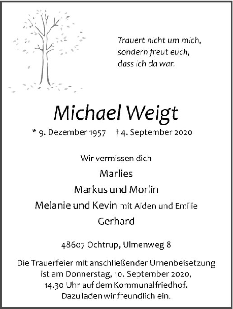  Traueranzeige für Michael Weigt vom 07.09.2020 aus Westfälische Nachrichten