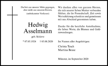 Anzeige von Hedwig Asselmannn von Westfälische Nachrichten