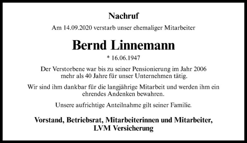  Traueranzeige für Bernd Linnemann vom 30.09.2020 aus Westfälische Nachrichten