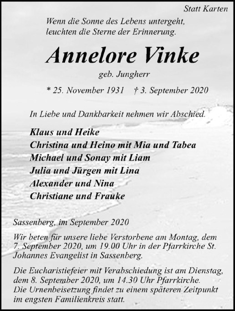  Traueranzeige für Annelore Vinke vom 05.09.2020 aus Westfälische Nachrichten