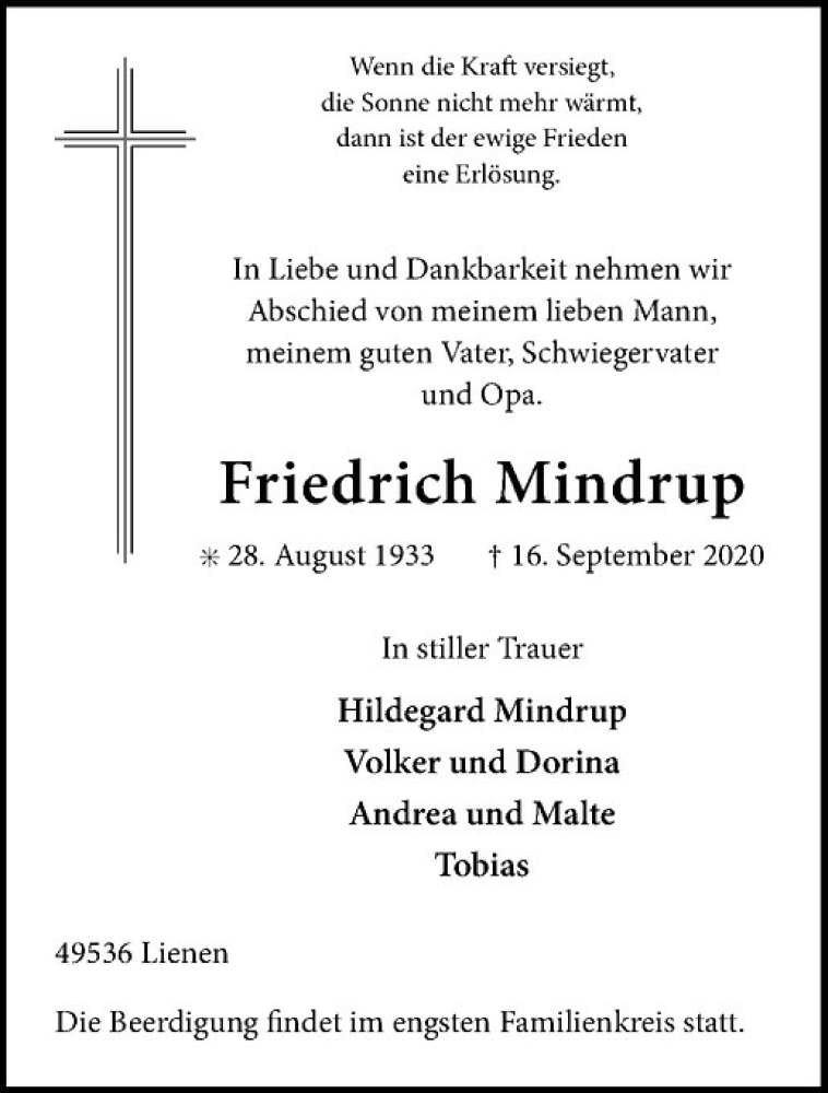  Traueranzeige für Friedrich Mindrup vom 19.09.2020 aus Westfälische Nachrichten