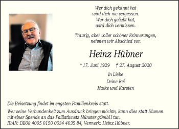 Anzeige von Heinz Hübner von Westfälische Nachrichten
