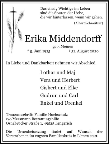 Anzeige von Erika Middendorff von Westfälische Nachrichten
