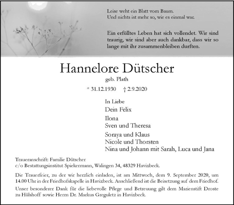  Traueranzeige für Hannelore Dütscher vom 05.09.2020 aus Westfälische Nachrichten