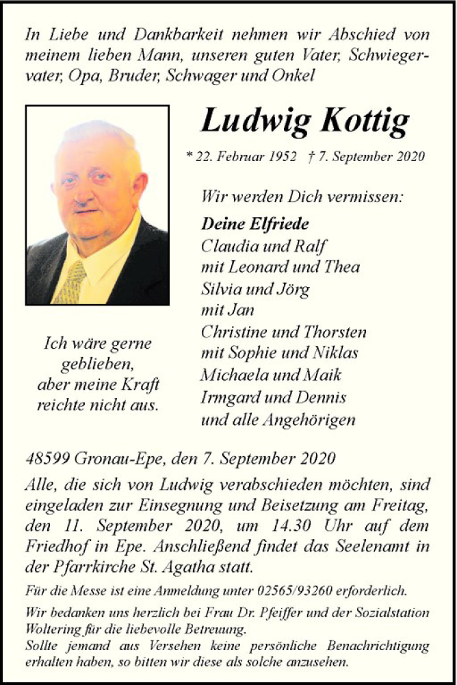  Traueranzeige für Ludwig Kottig vom 09.09.2020 aus Westfälische Nachrichten