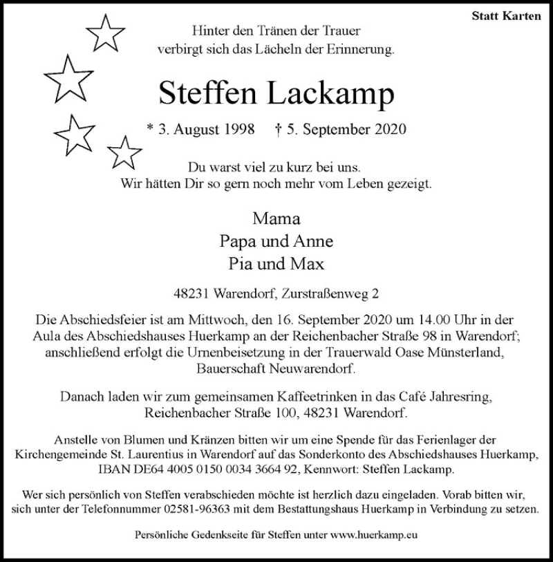  Traueranzeige für Steffen Lackamp vom 09.09.2020 aus Westfälische Nachrichten