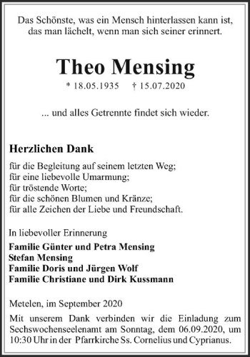 Anzeige von Theo Mensing von Westfälische Nachrichten