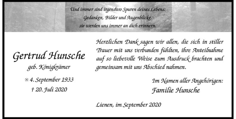  Traueranzeige für Gertrud Hunsche vom 07.09.2020 aus Westfälische Nachrichten
