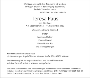Anzeige von Teresa Paus von Westfälische Nachrichten