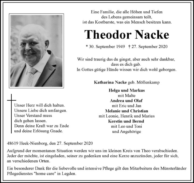  Traueranzeige für Theodor Nacke vom 29.09.2020 aus Westfälische Nachrichten