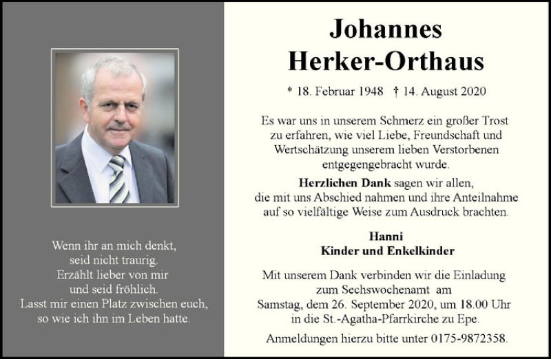  Traueranzeige für Johannes Herker-Orthaus vom 19.09.2020 aus Westfälische Nachrichten