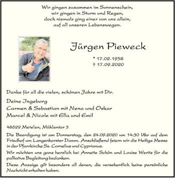 Anzeige von Jürgen Pieweck von Westfälische Nachrichten