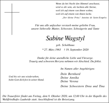 Anzeige von Sabine Wagstyl von Westfälische Nachrichten