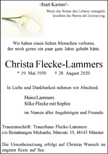 Anzeige von Christa Flecke-Lammers von Westfälische Nachrichten
