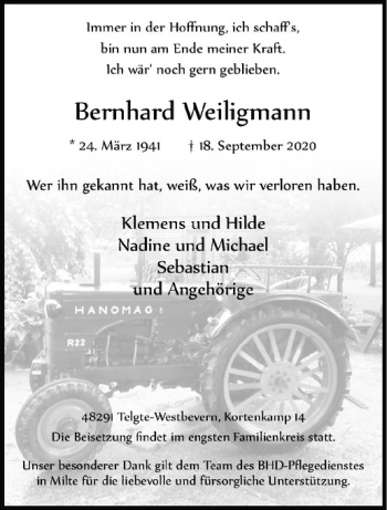 Anzeige von Bernhard Weiligmann von Westfälische Nachrichten