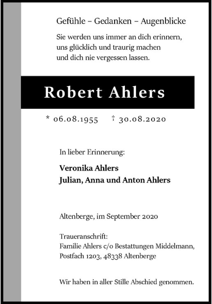  Traueranzeige für Robert Ahlers vom 12.09.2020 aus Westfälische Nachrichten
