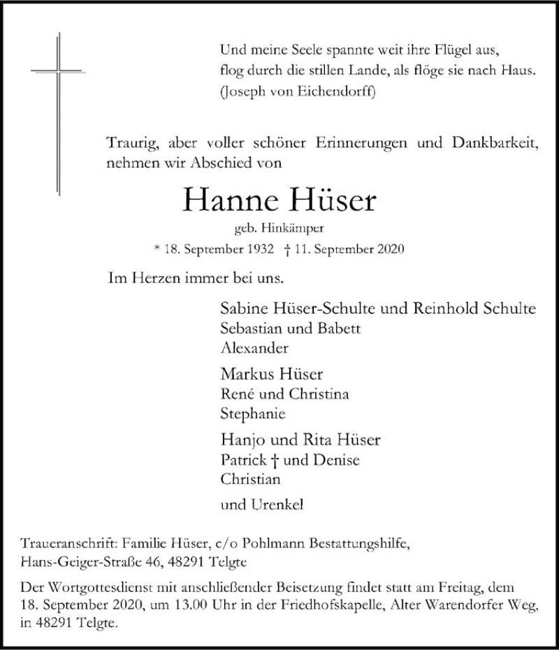  Traueranzeige für Hanne Hüser vom 16.09.2020 aus Westfälische Nachrichten