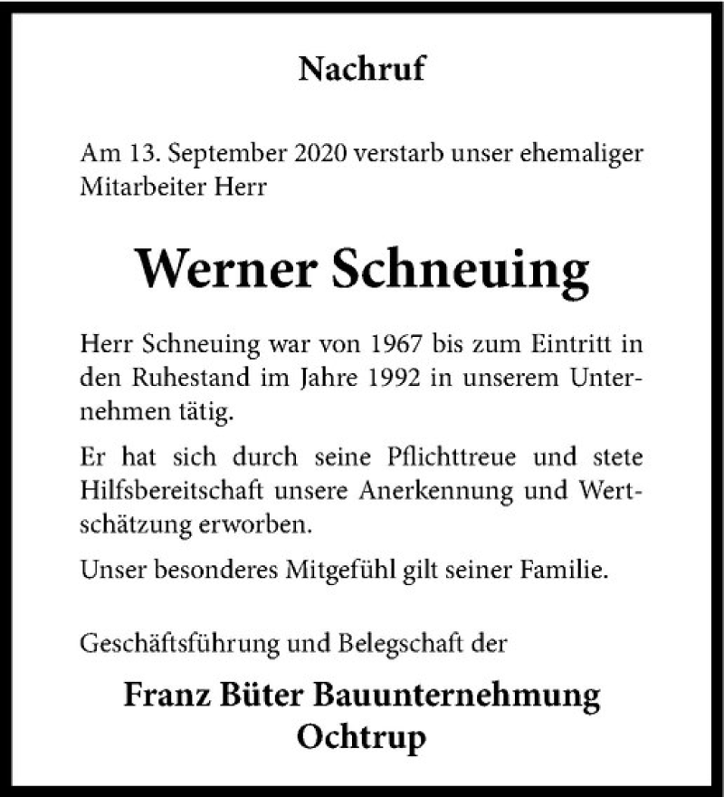  Traueranzeige für Werner Schneuing vom 19.09.2020 aus Westfälische Nachrichten