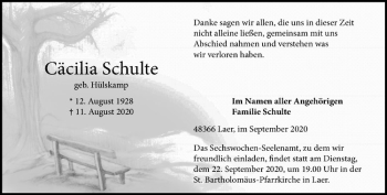 Anzeige von Cäcilia Schulte von Westfälische Nachrichten