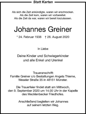 Anzeige von Johannes Greiner von Westfälische Nachrichten