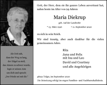 Anzeige von Maria Diekrup von Westfälische Nachrichten