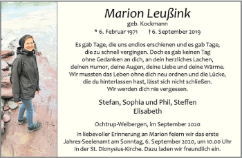 Anzeige von Marion Leußink von Westfälische Nachrichten