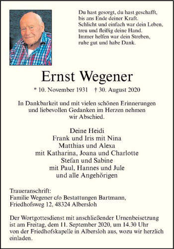 Anzeige von Ernst Wegener von Westfälische Nachrichten