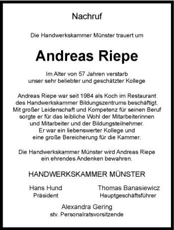 Anzeige von Andreas Riepe von Westfälische Nachrichten
