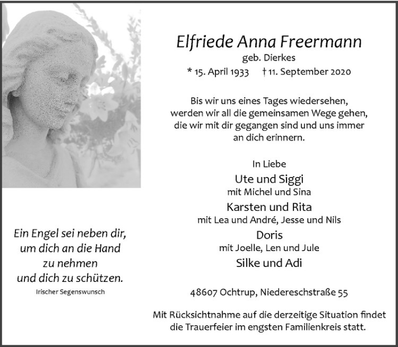  Traueranzeige für Elfriede Annna Freermann vom 15.09.2020 aus Westfälische Nachrichten