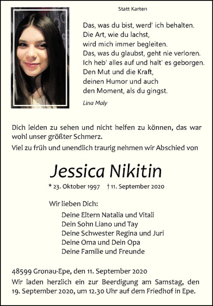  Traueranzeige für Jessica Nikitin vom 16.09.2020 aus Westfälische Nachrichten