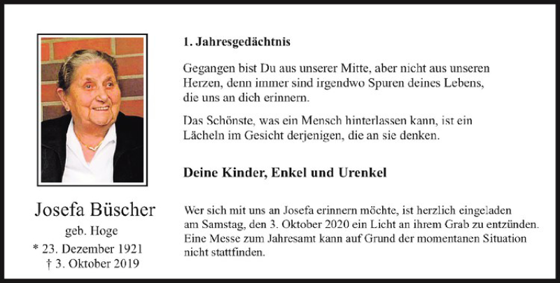  Traueranzeige für Josefa Büscher vom 30.09.2020 aus Westfälische Nachrichten