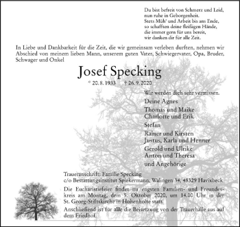 Anzeige von Josef Specking von Westfälische Nachrichten