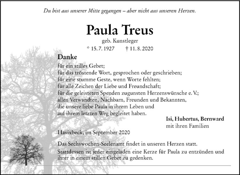  Traueranzeige für Paula Treus vom 19.09.2020 aus Westfälische Nachrichten