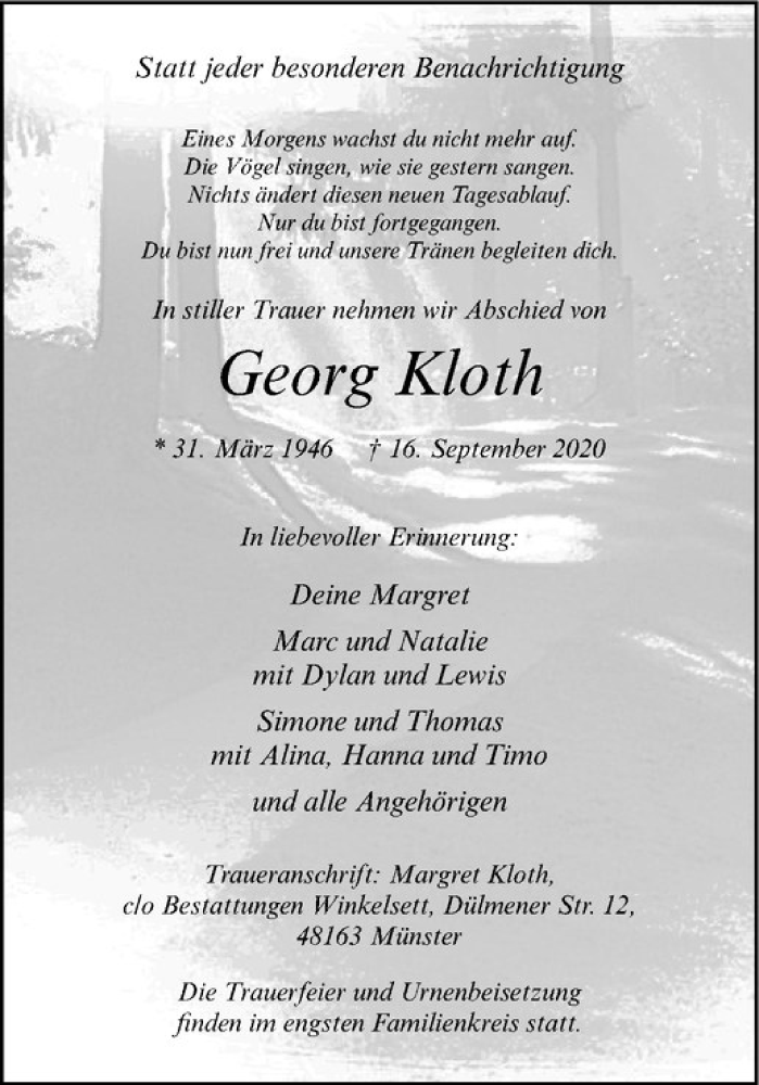  Traueranzeige für Georg Kloth vom 23.09.2020 aus Westfälische Nachrichten