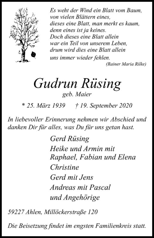  Traueranzeige für Gudrun Rüsing vom 24.09.2020 aus Westfälische Nachrichten
