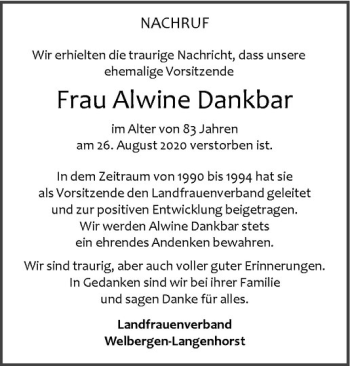 Anzeige von Alwine Dankbar von Westfälische Nachrichten