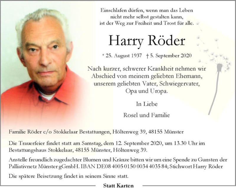  Traueranzeige für Harry Röder vom 10.09.2020 aus Westfälische Nachrichten