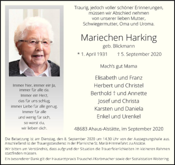 Anzeige von Mariechen Harking von Westfälische Nachrichten