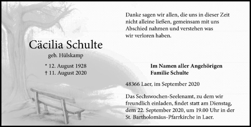  Traueranzeige für Cäcilia Schulte vom 19.09.2020 aus Westfälische Nachrichten
