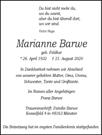 Anzeige von Marianne Barwe von Westfälische Nachrichten