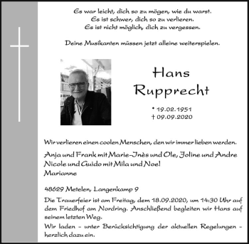Anzeige von Hans Ruprecht von Westfälische Nachrichten