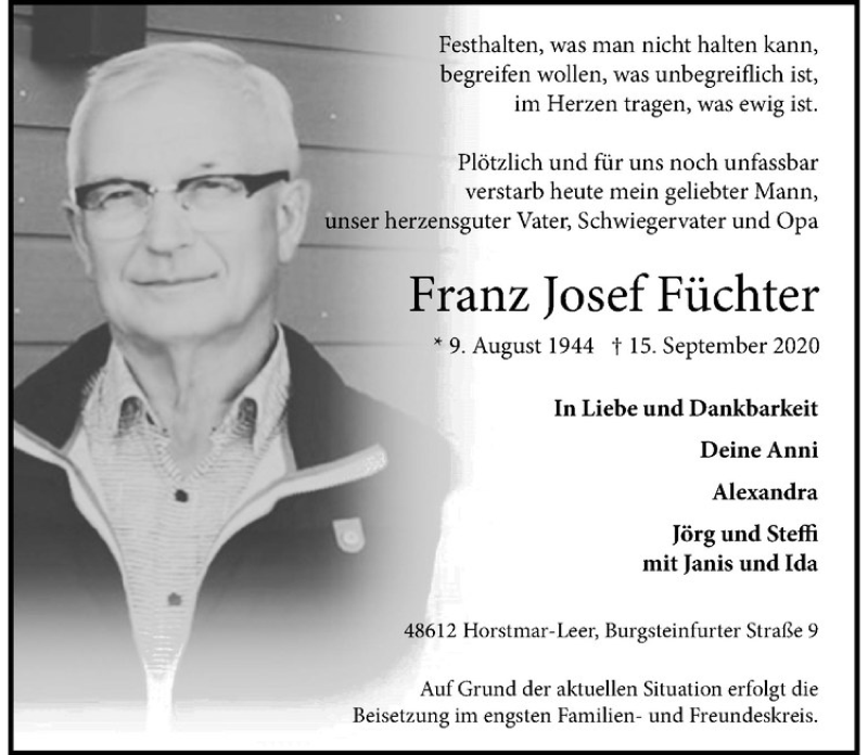  Traueranzeige für Franz Josef Füchter vom 17.09.2020 aus Westfälische Nachrichten