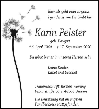 Anzeige von Karin Pelster von Westfälische Nachrichten