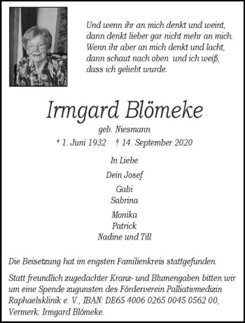 Anzeige von Irmgard Blömeke von Westfälische Nachrichten