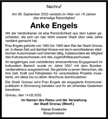 Anzeige von Anke Engels von Westfälische Nachrichten